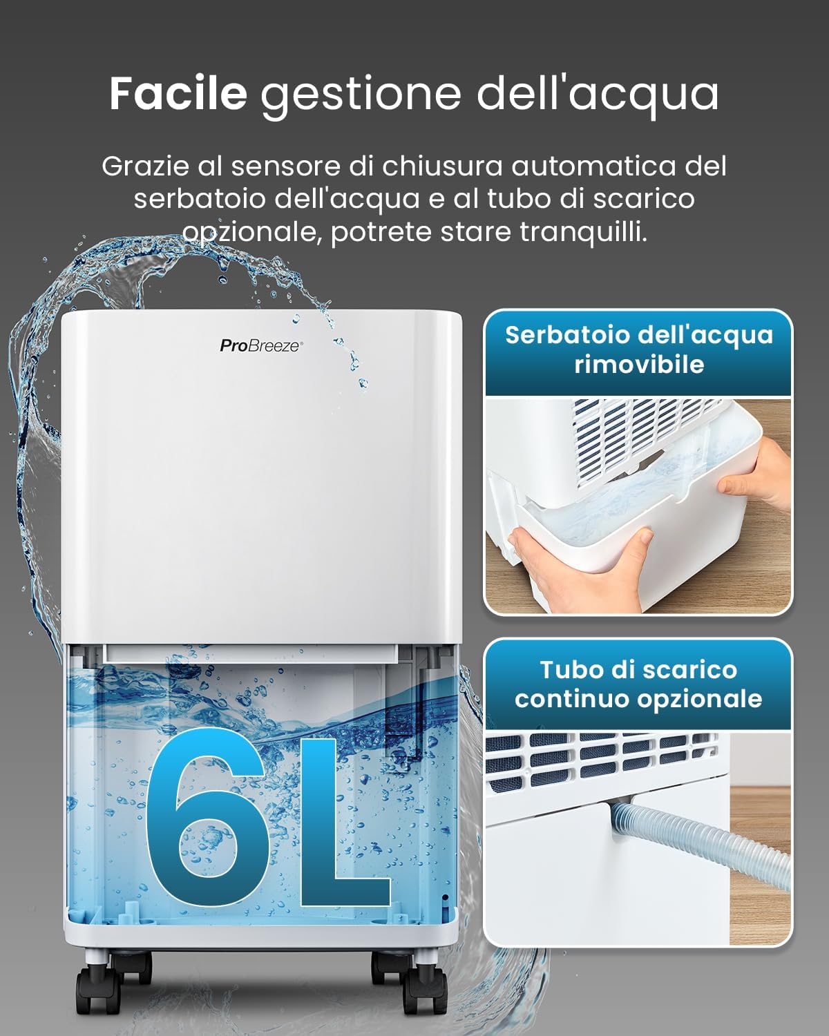 Detalle 1 de Pro Breeze Deumidificatore a compressore 6L con timer 24H e serbatoio 2L