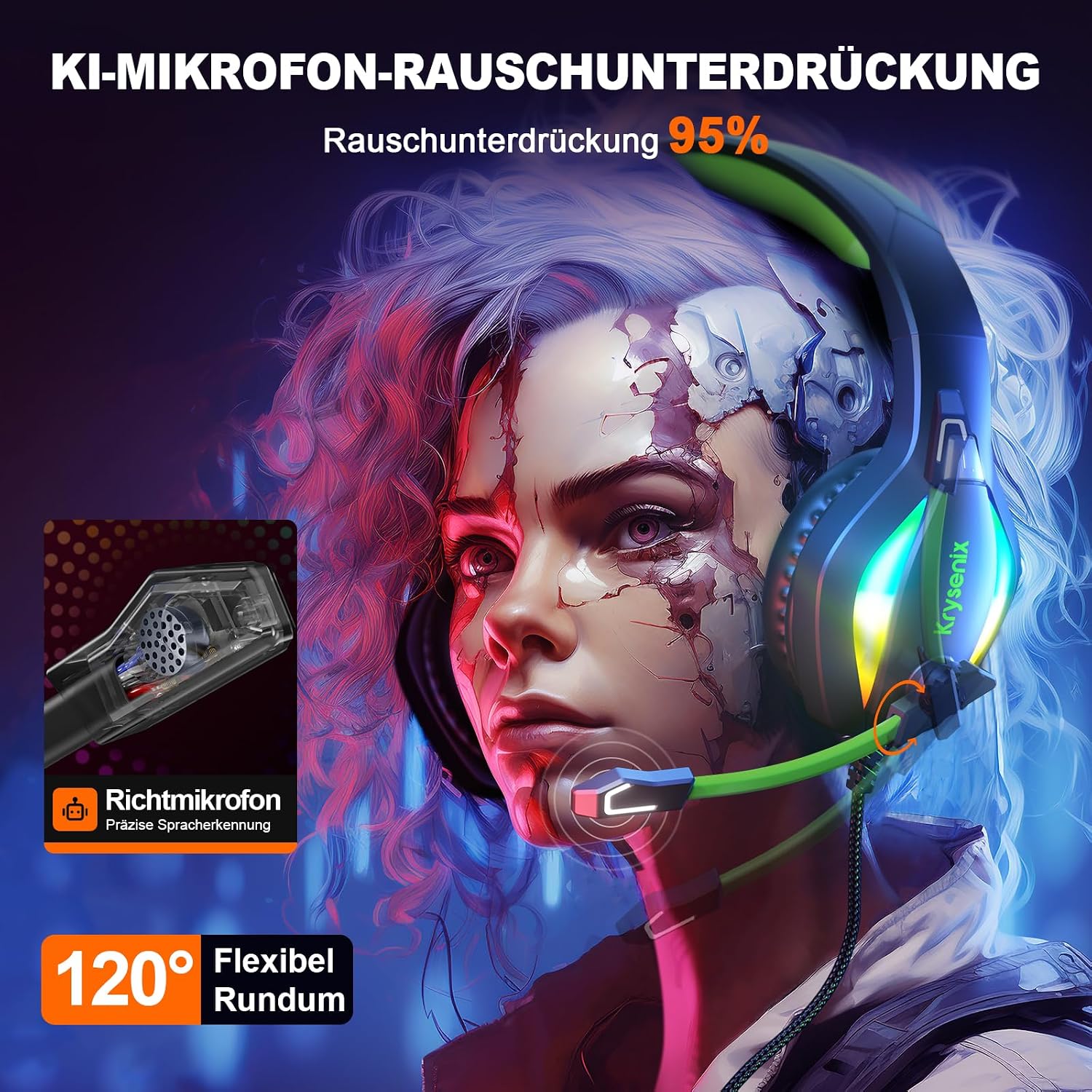 Detalle de Krysenix PG1 Gaming Headset mit RGB und Noise‑Cancelling Mikrofon