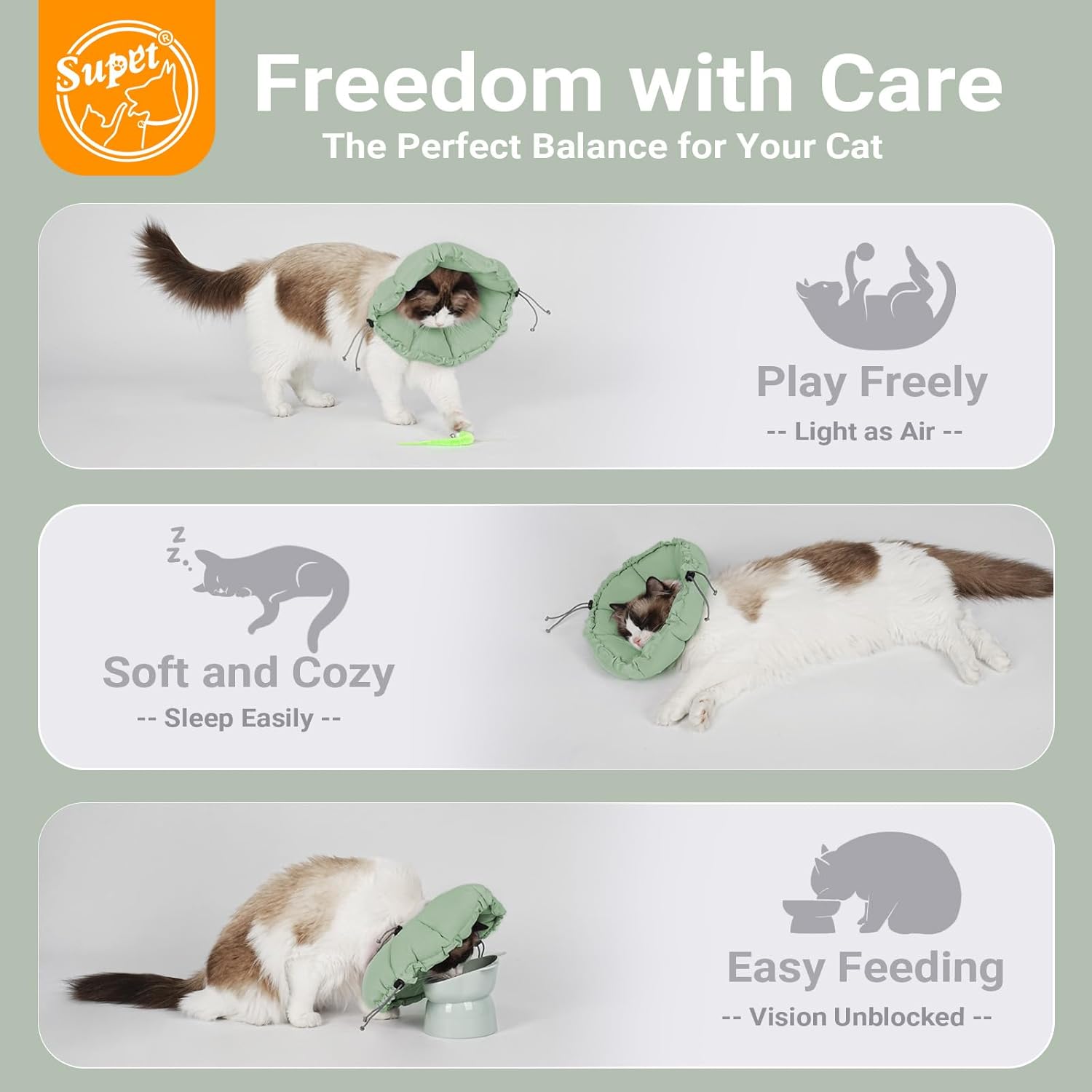 Thumbnail 1 de Supet Soft Cat Cone Collar: Silent, Adjustable Recovery Collar for Cats (Light Green, M)