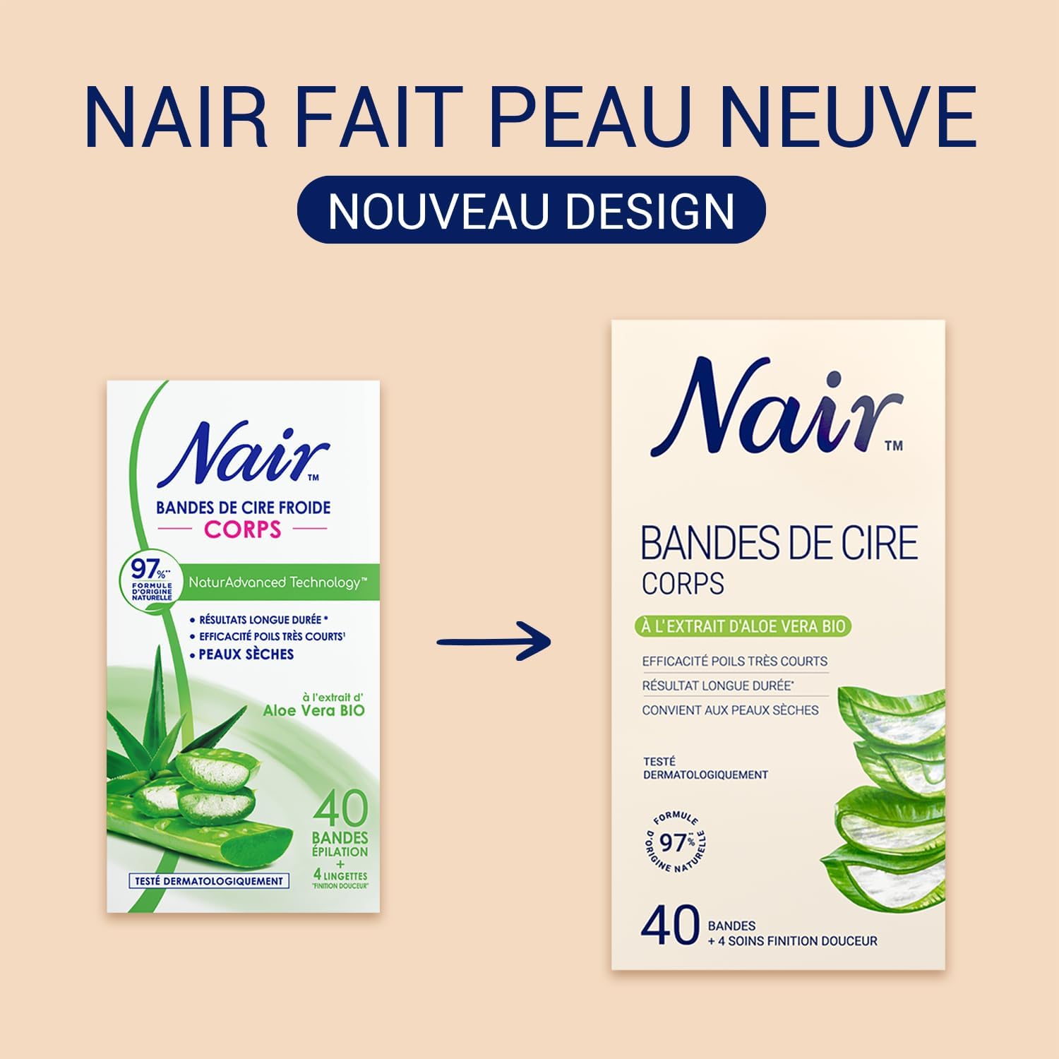 Detalle de NAIR Bandes De Cire Corps avec Extrait d'Aloe Vera Bio – Peaux Sèches, 40 Bandes + 4 Soins Finition Douceur