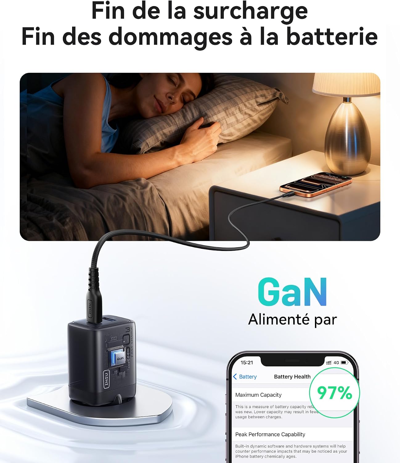 Detalle de INIU Chargeur USB‑C 30W 2 ports GaN avec câble 60W
