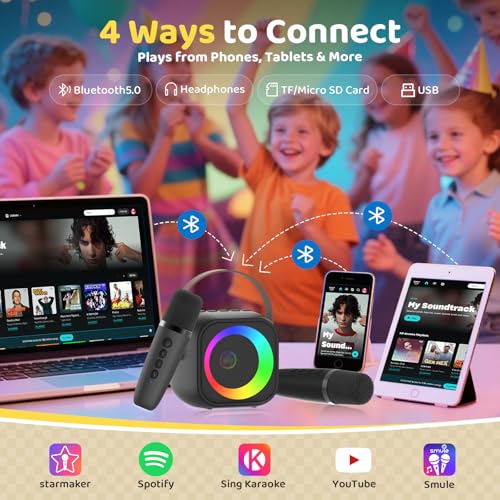 Detalle 2 de Jeefu Karaoke Maschine mit 2 Mikrofonen – Tragbarer Bluetooth Lautsprecher, Disco-Licht, ideal für Kinder 3–15 Jahre