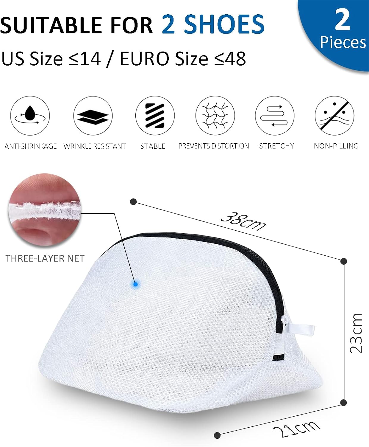 Detalle 2 de Dmjia Wäschenetz Schuhe – 2 Stück Schuhbeutel Netz mit Reißverschluss (38 x 21 x 23 cm) aus Polyester