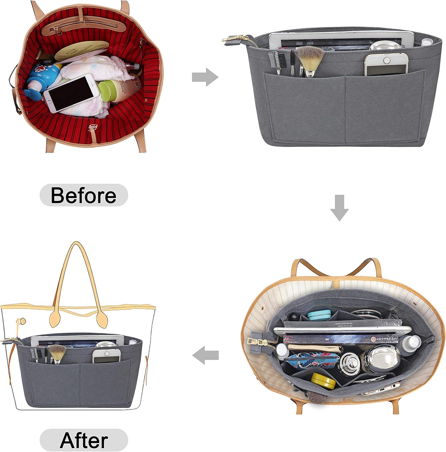 Detalle 2 de Soyizom felt handbag organiser purse insert (multi-pocket) – Grey (XL)