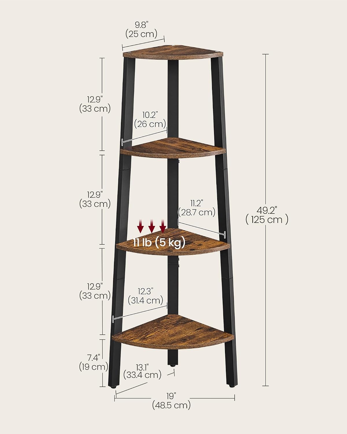 Detalle de VASAGLE ULLS34X 4-Tier Corner Shelf, Rustic Brown and Matte Black