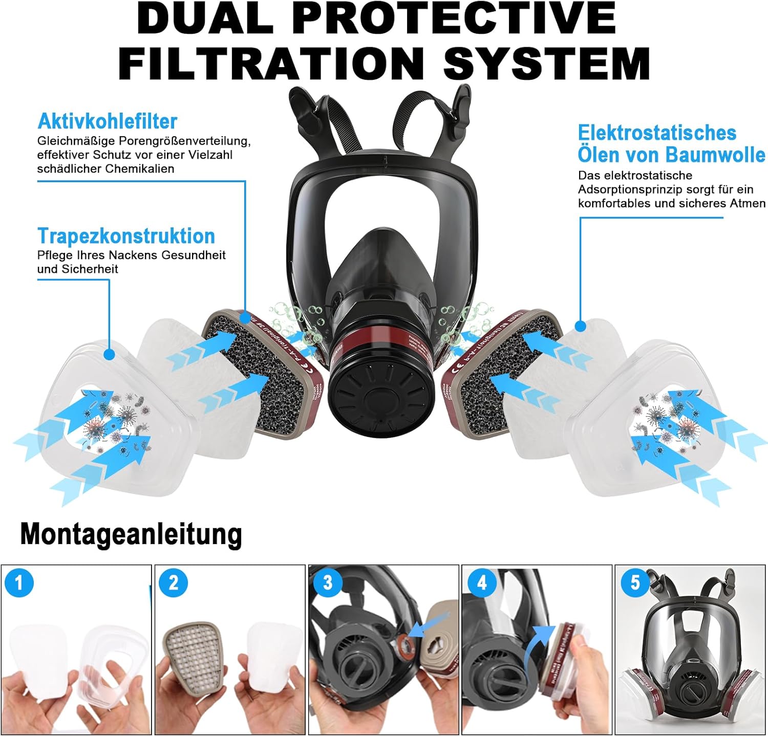 Detalle de Faburo Atemschutzmaske-Set mit Vollgesichtsmaske und 40-mm-Filter