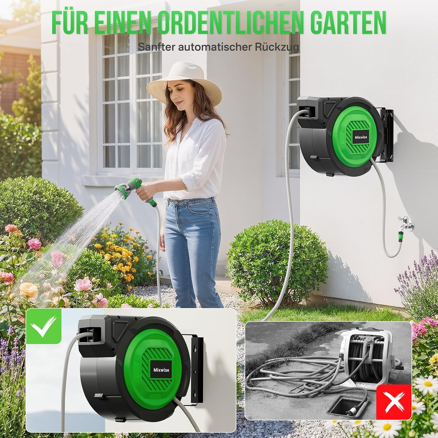 Thumbnail 1 de Schlauchtrommel Gartenschlauch RollUp mit 180° Schwenkbarem Halter, 20 m Schlauch, 10‑fache Düse und automatischem Rückzug