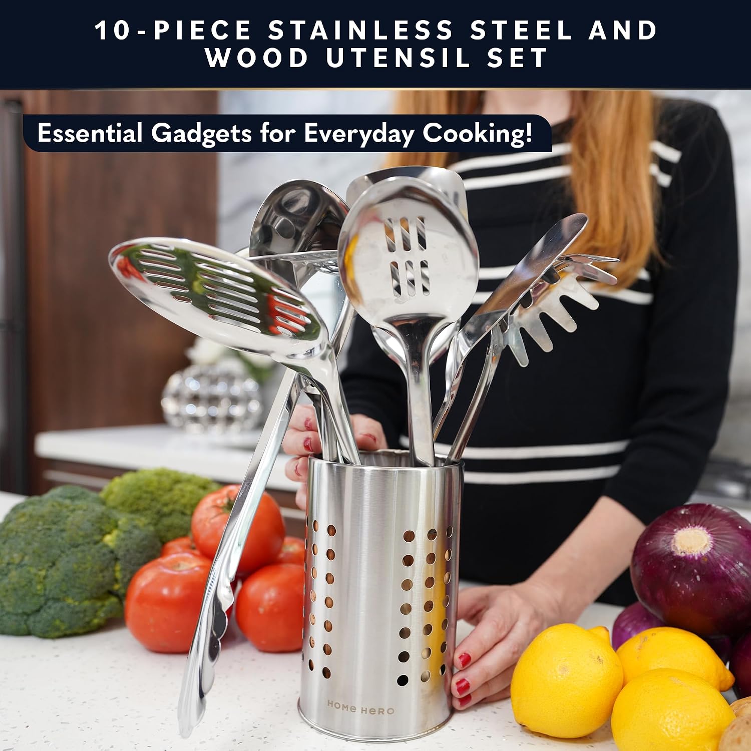 Detalle de Home Hero 10-Piece Stainless Steel Kitchen Utensils Set with Wood Handles (Silver & Wood)
