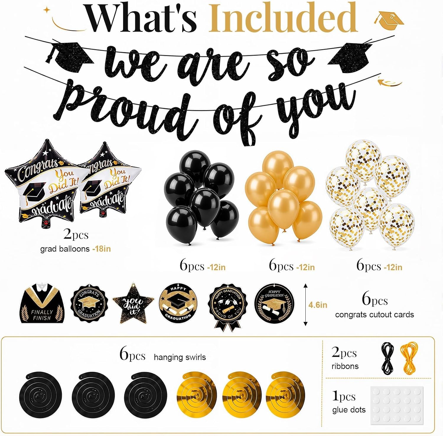 Detalle de OLANRUN Graduation Decorations Set 2026 – We Are So Proud of You Banner, 20 Balloons & 6 Hanging Swirls