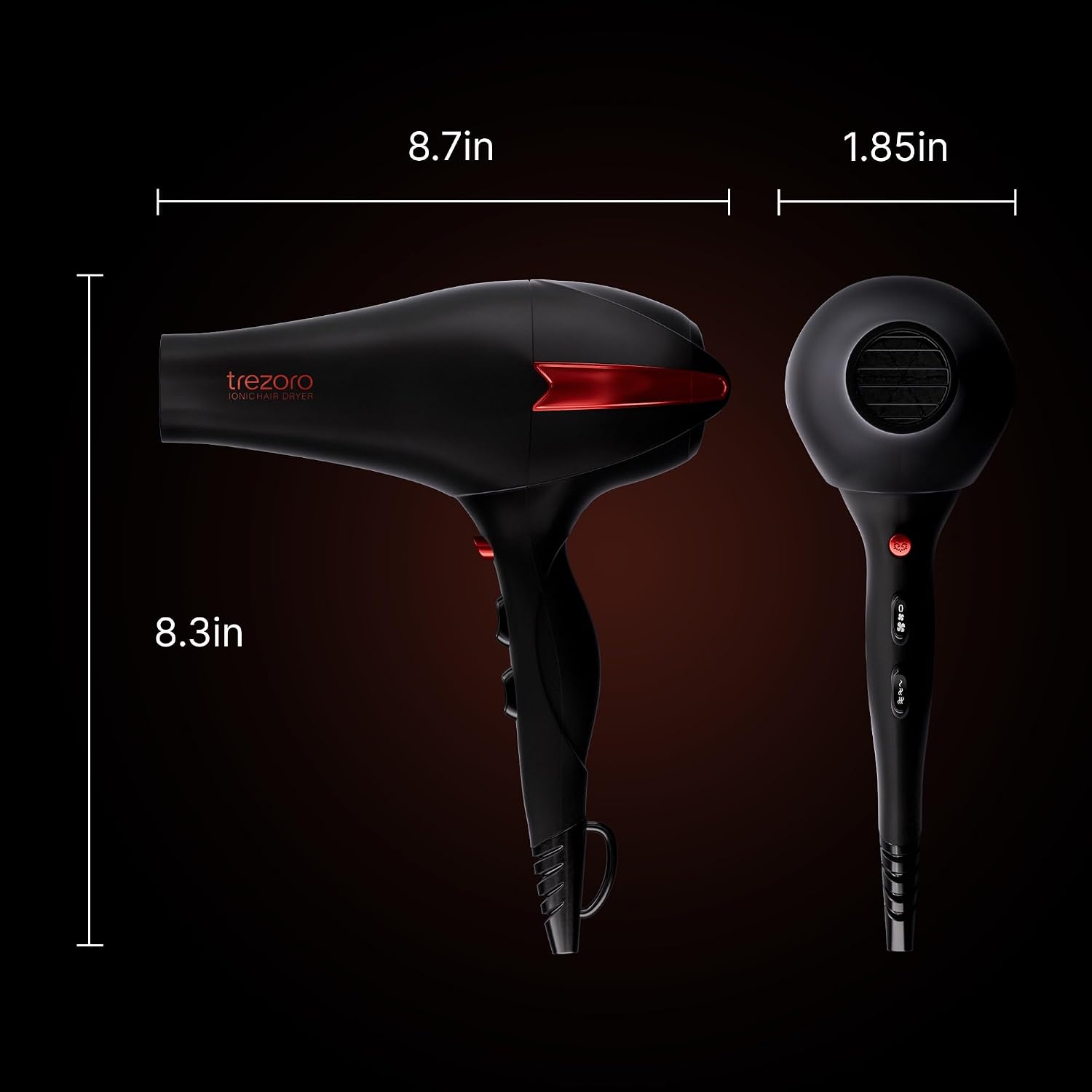 Thumbnail 6 de TREZORO Professional Hair Dryer (2000W) with Ionic Ceramic Tourmaline + Narrow/Wide Concentrator Nozzles, 3 Heat & 2 Speed Settings