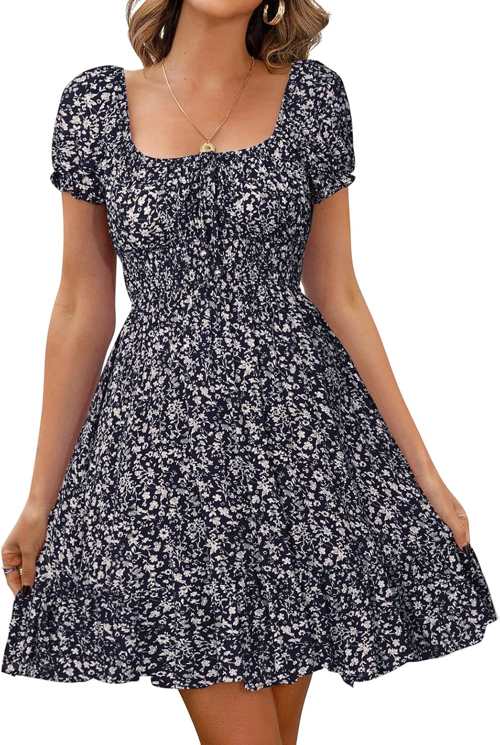 Detalle 2 de Livonmone Damen Kleid – Blumendruck Sommerkleid mit hoher Taille, V-Ausschnitt und verstellbaren Trägern