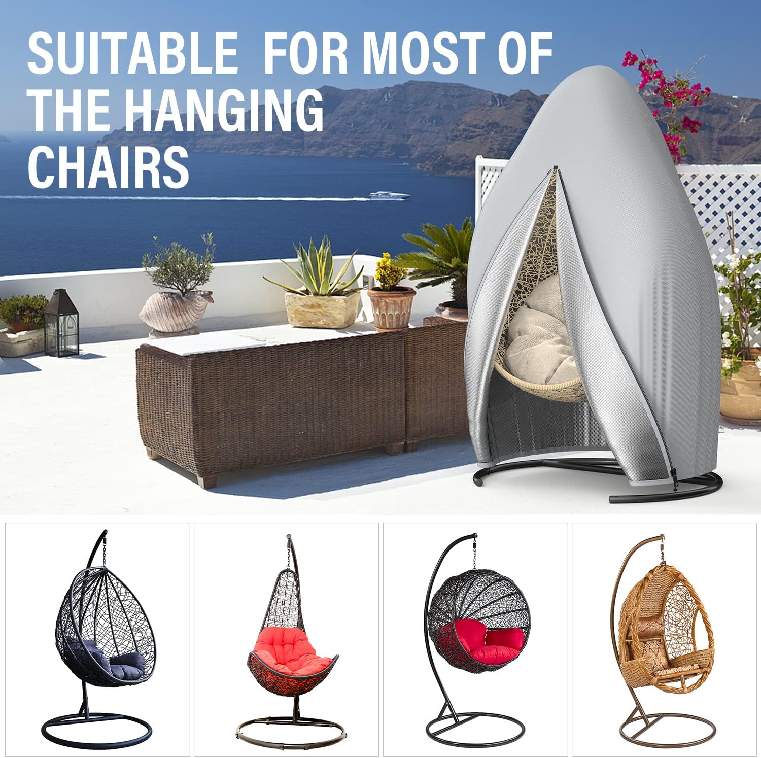 Detalle 2 de Patio waterproof hanging egg chair cover (115x190cm) in 210D Oxford fabric with zipper – Black