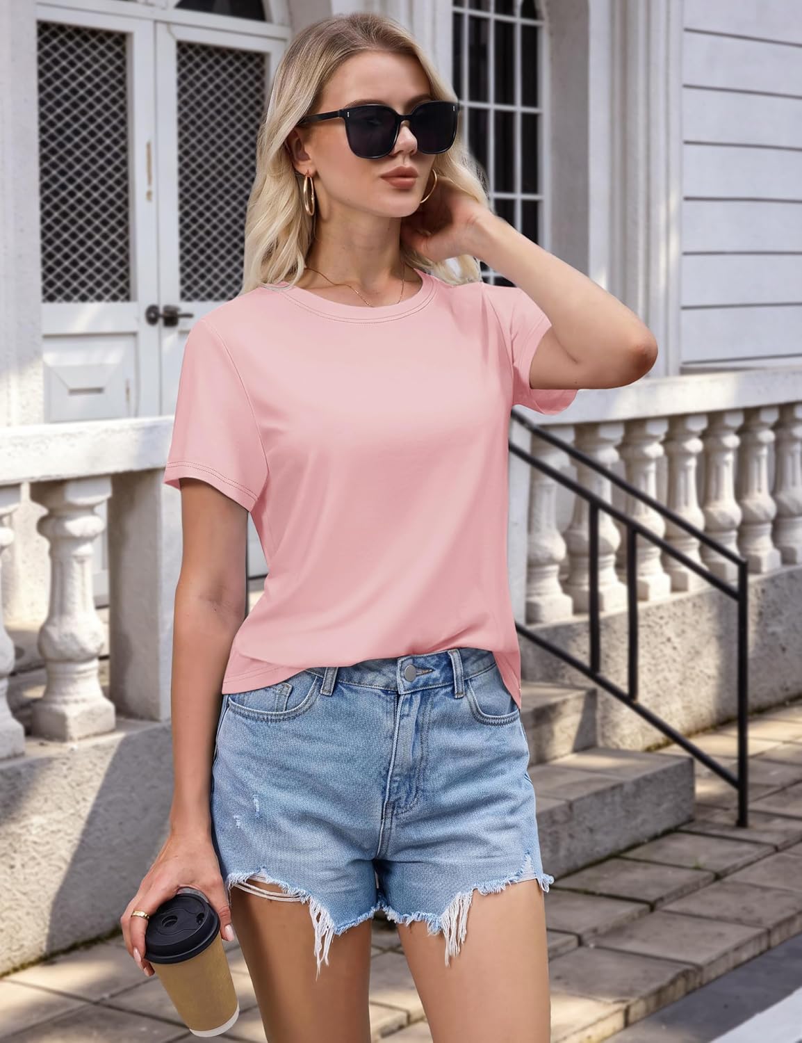 Detalle de MAGCOMSEN Women’s Cotton T-Shirts Crew-Neck Short-Sleeve Classic-Fit