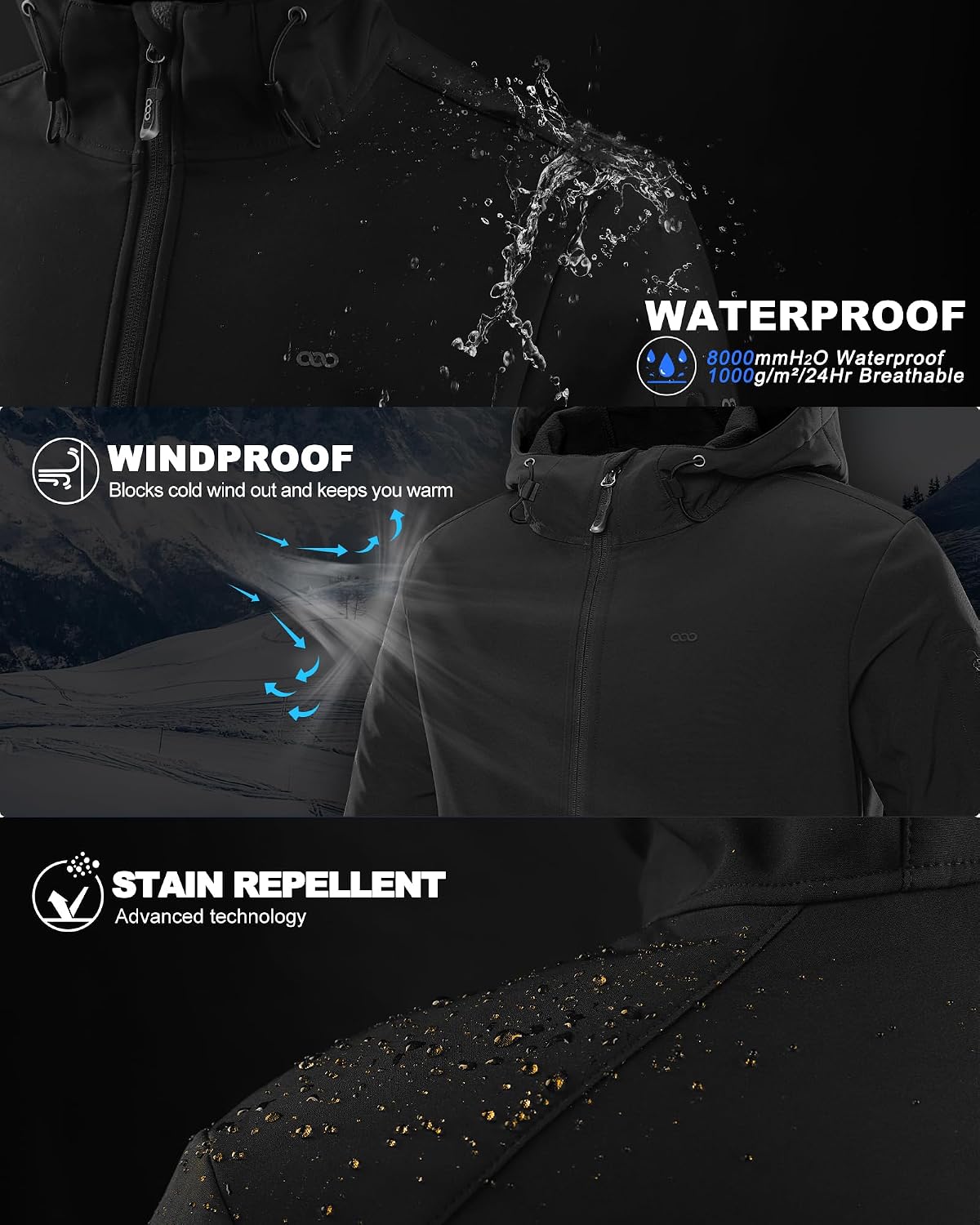 Detalle de 33,000ft Men's Hooded Softshell Jacket, Waterproof, Lightweight and Fleece-Lined