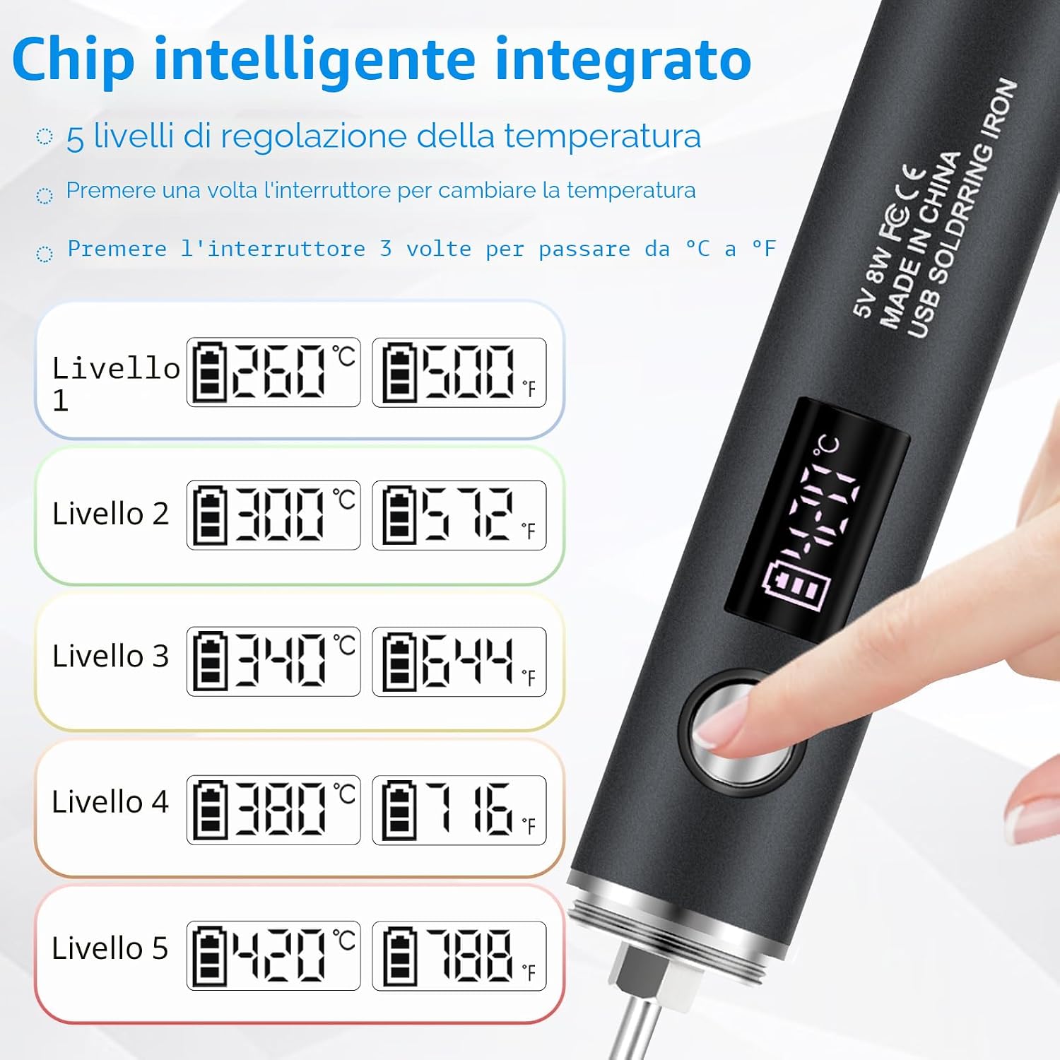 Detalle de diymore Set saldatore a batteria: saldatore senza fili USB con 5 modalità di temperatura (260–420°C) e 3 punte
