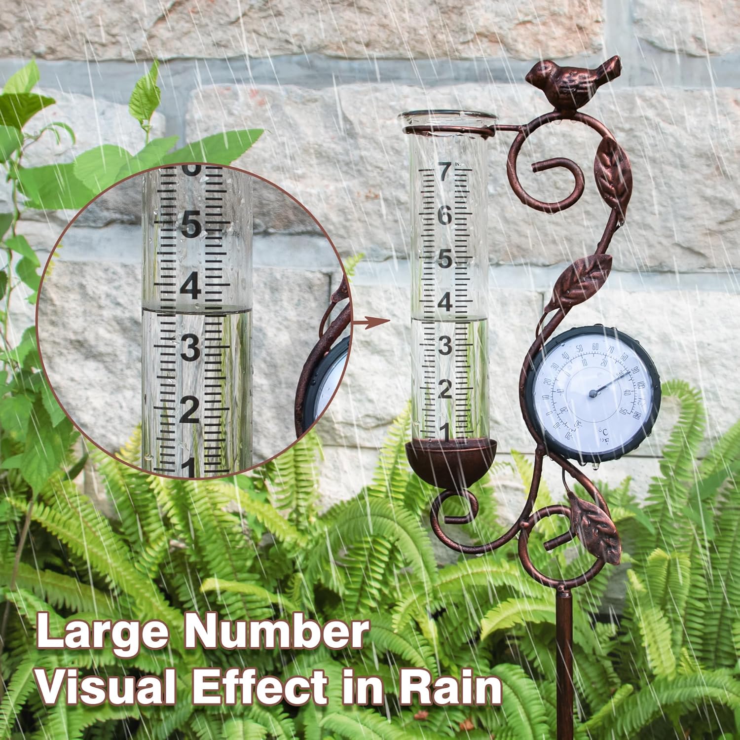 Thumbnail 3 de 32-Inch Garden Rain Gauge with Thermometer — Metal Bird Outdoor Yard Decor & 7-Inch Glass Tube