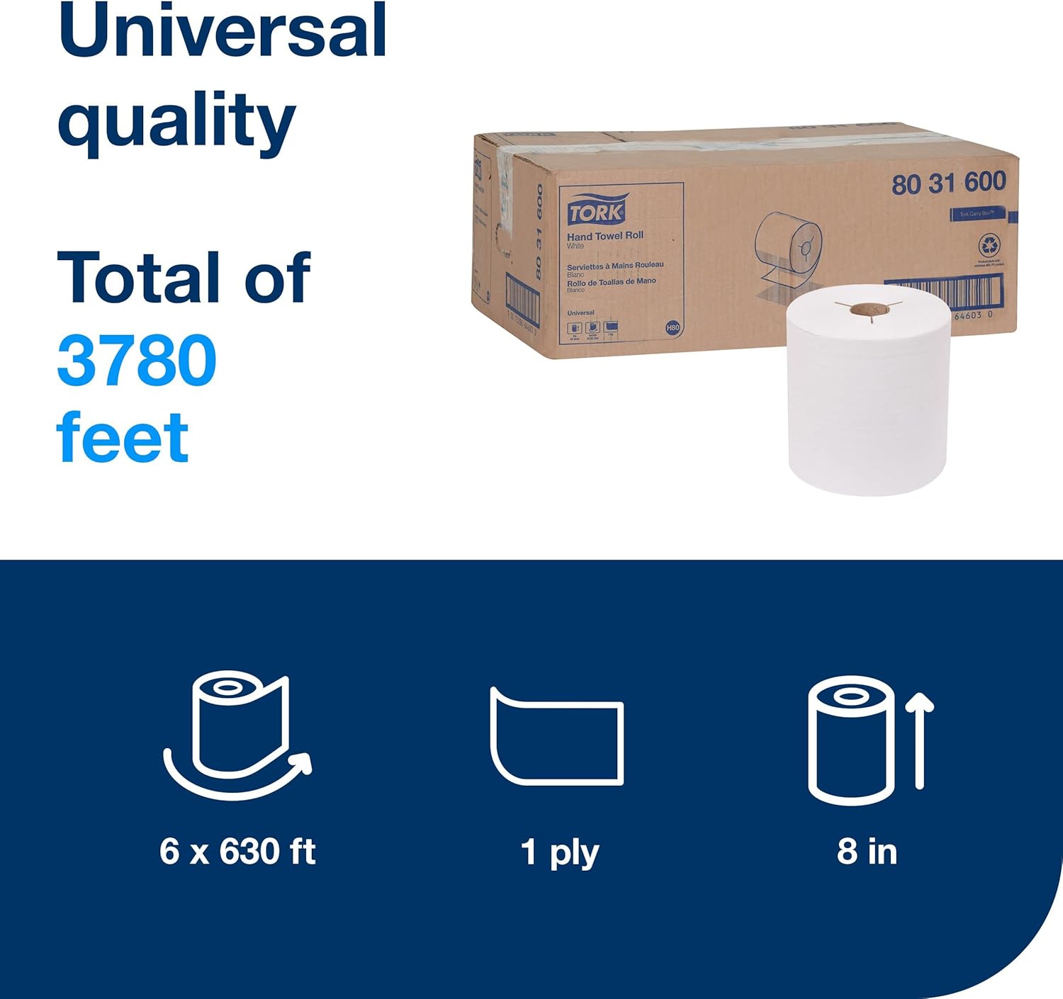 Detalle de Tork Hand Towel Roll White H80 (8031600) — 6 Rolls of 100% Recycled Fiber, Universal