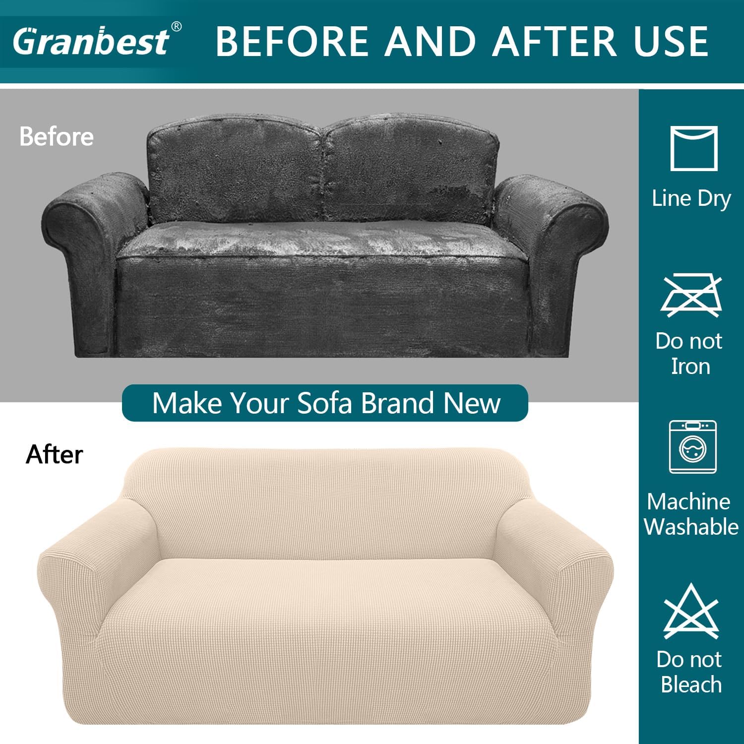 Thumbnail 4 de Granbest High Stretch 3 Seater Sofa Cover (Beige) – non-slip, pet-friendly jacquard spandex slipcover