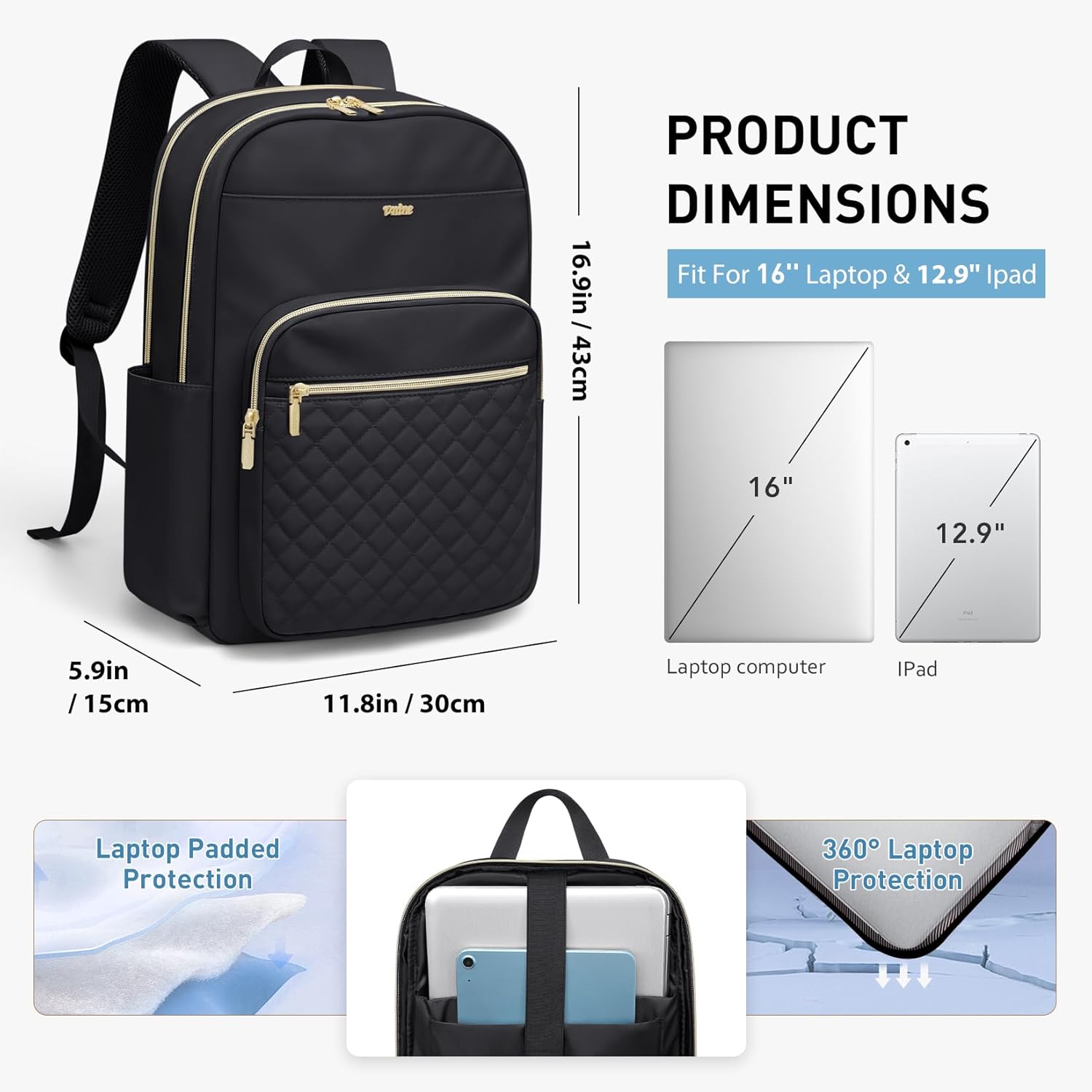 Detalle de VNINE Lightweight Laptop Backpack for Women – 16 Inch, Waterproof, Multi-pocket Rucksack
