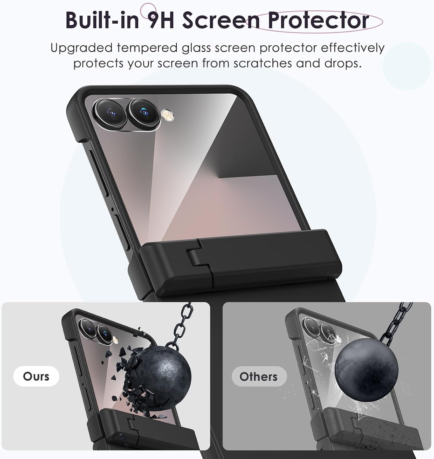 Detalle 2 de HWeggo Case for Galaxy Z Flip 7: hinge protection, built‑in screen protector and hidden kickstand