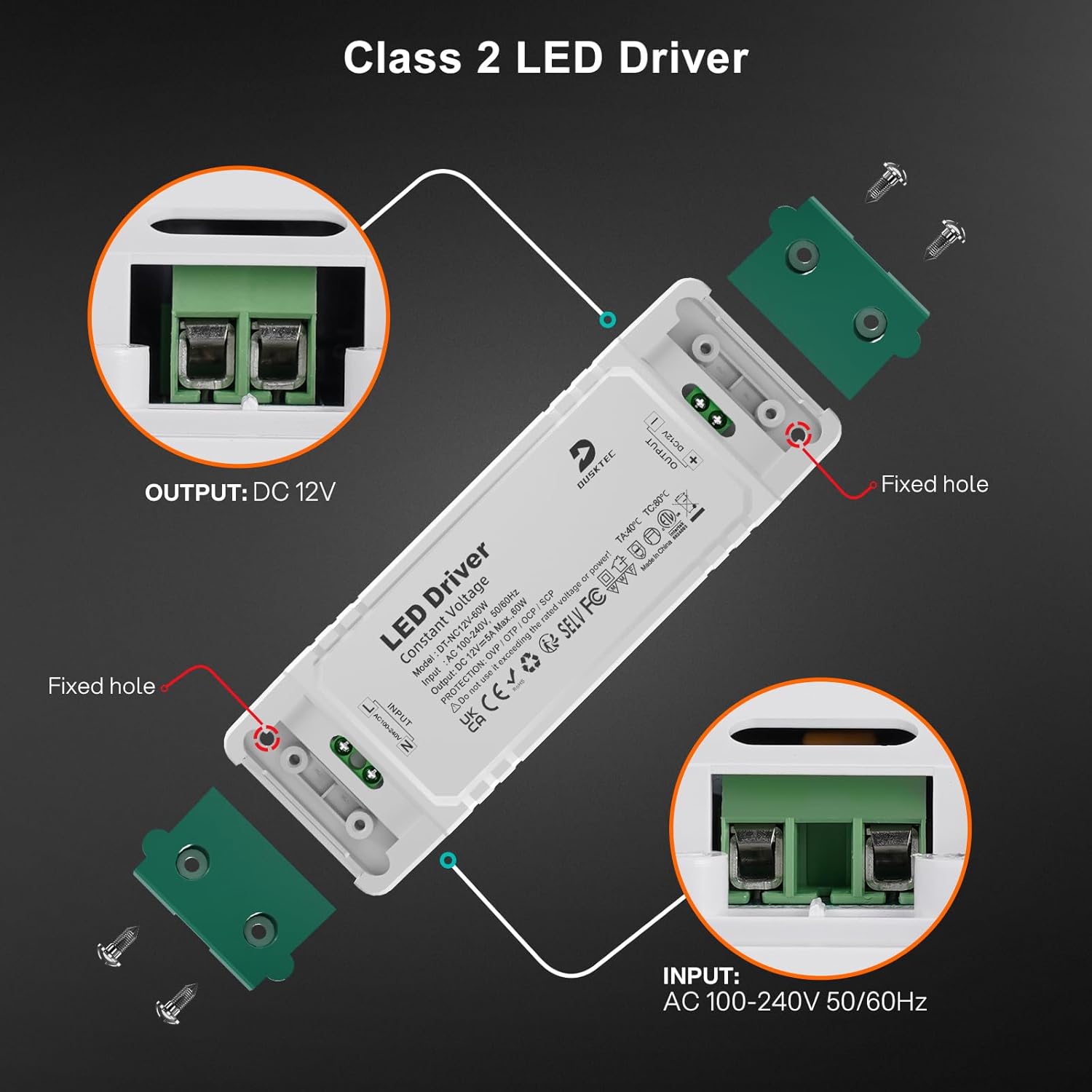 Detalle de DUSKTEC 12V 60W LED Driver (2 Pack) – Compact Constant Voltage Transformer for 12V LED Lighting