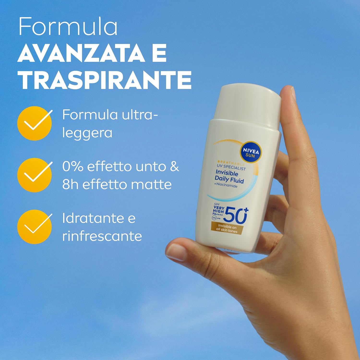 Detalle de NIVEA SUN Fluido Quotidiano Invisibile SPF 50+ 40 ml – Protezione quotidiana invisibile e opacizzante