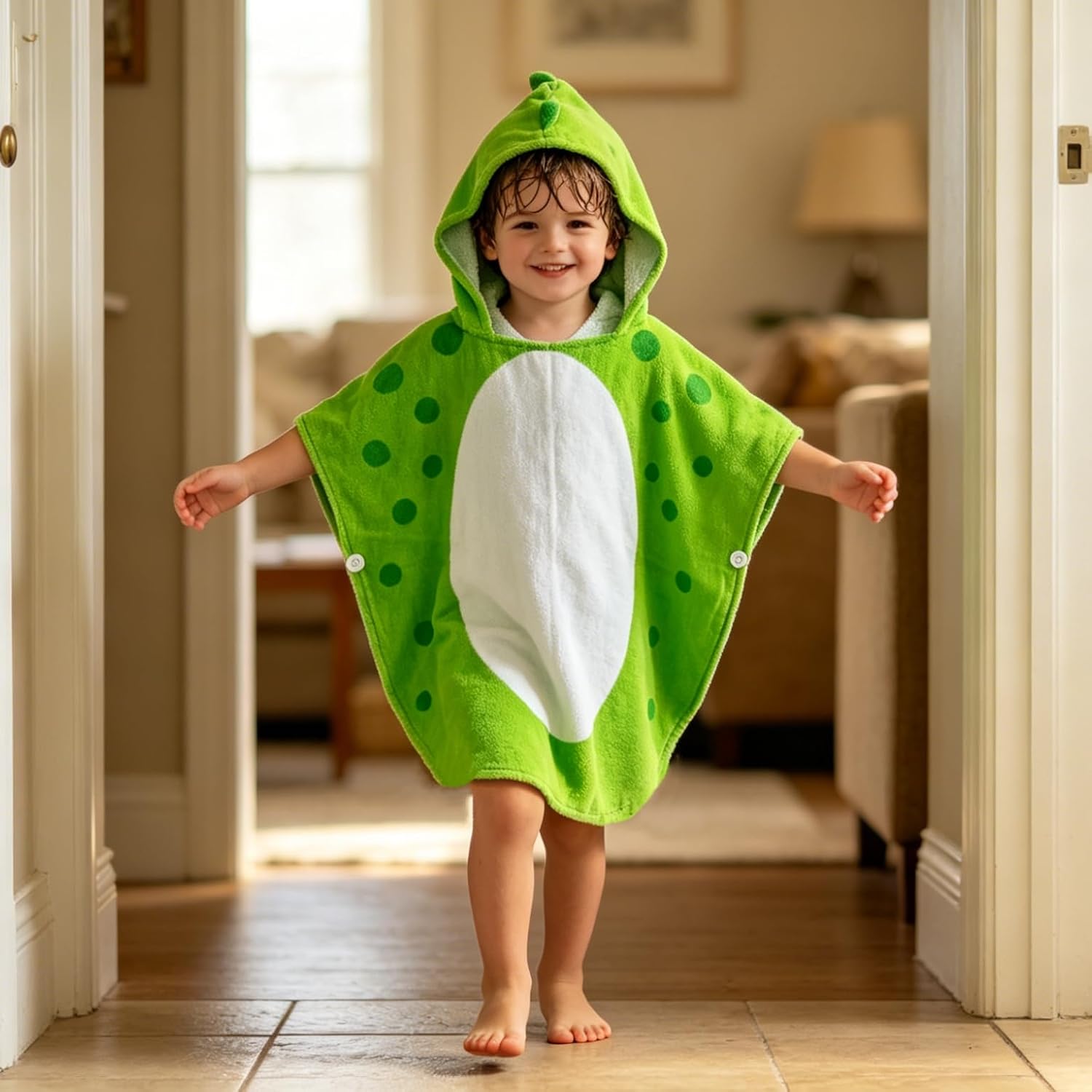 Detalle 2 de LOLANTA Kinder Badeponcho Dinosaurier mit Kapuze, Grün B (5–7 Jahre) – 100% Baumwolle
