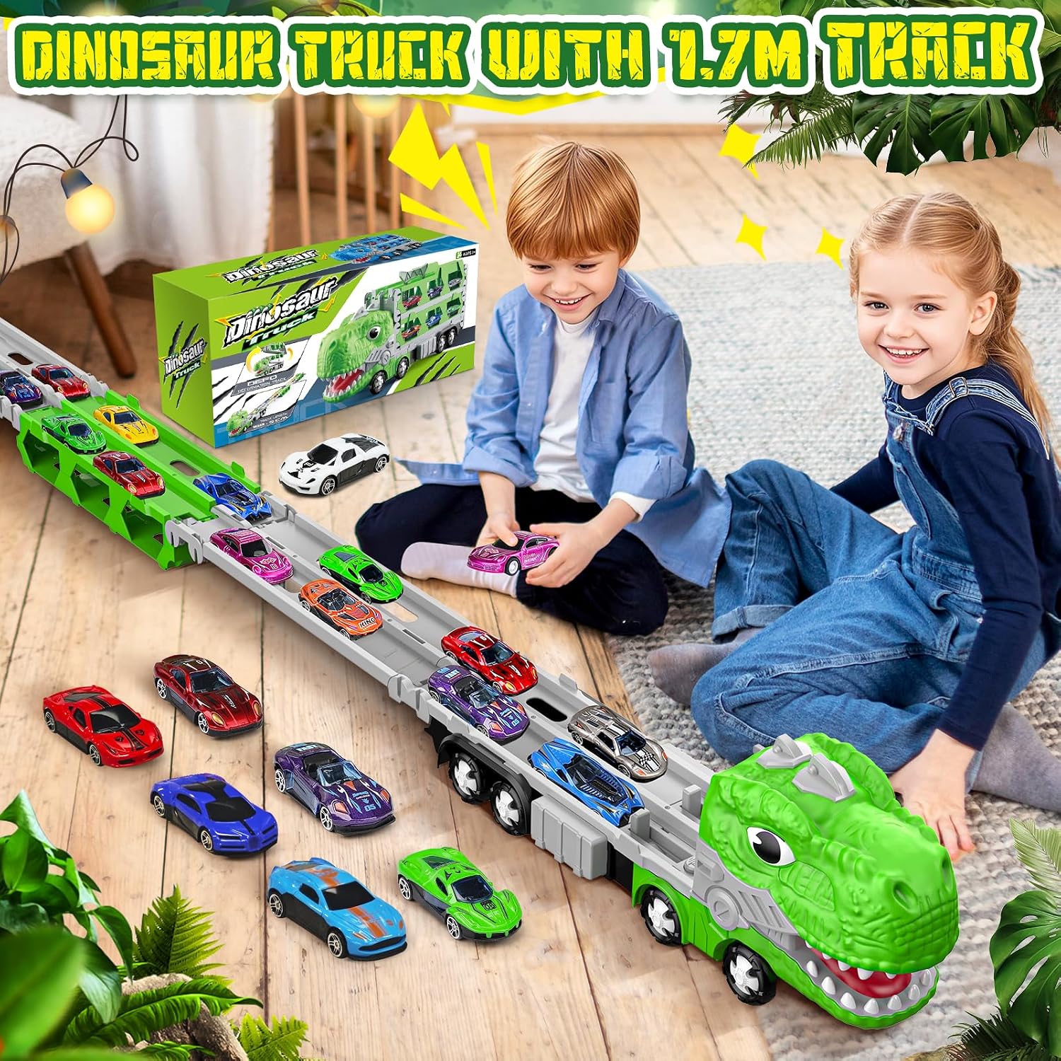 Detalle 1 de Dinosaur Transporter Truck Toy Set with 6 Mini Racing Cars and 1.7m Dino Track (age 3–7)