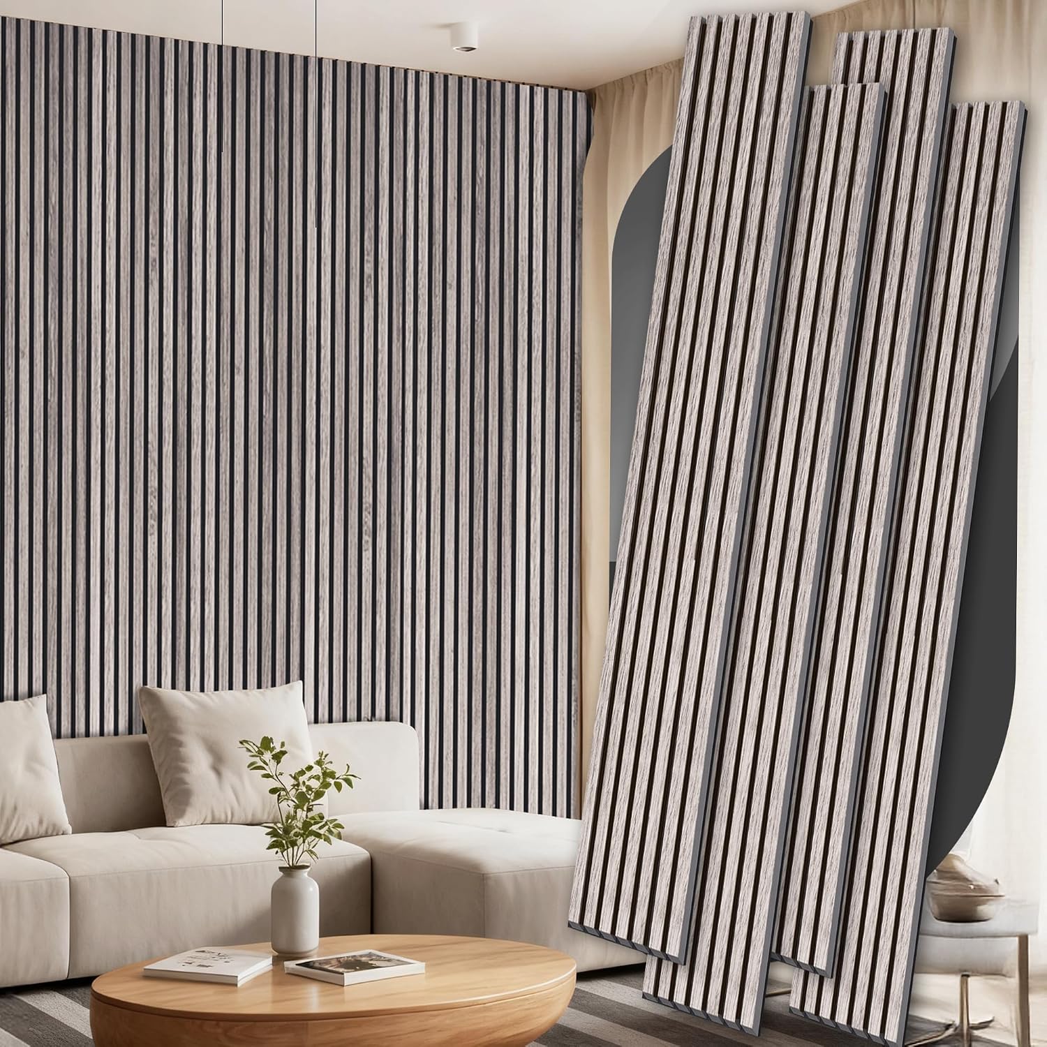 Detalle de RITOLLO 4-Pack Wood Slat Acoustic Wall Panels, 106.3-Inch Gray MDF
