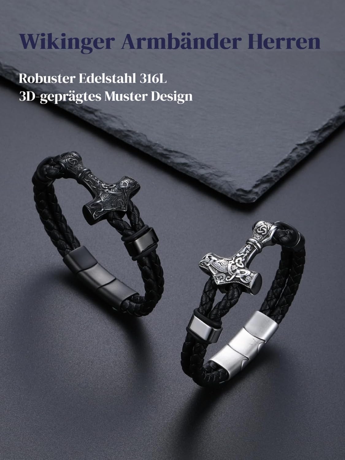 Thumbnail 3 de Bandmax Lederarmband Herren Mjölnir/Totenkopf – personalisierbar, Magnetverschluss, Wickelarmband