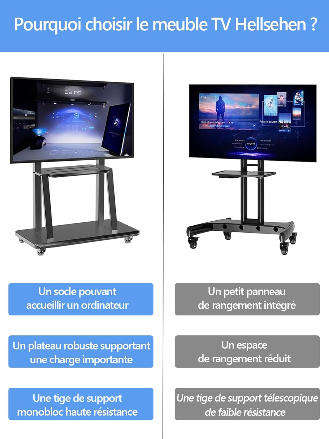 Detalle de Hellsehen Support TV mobile : chariot TV sur roulettes réglable et robuste pour écrans 32–75 pouces