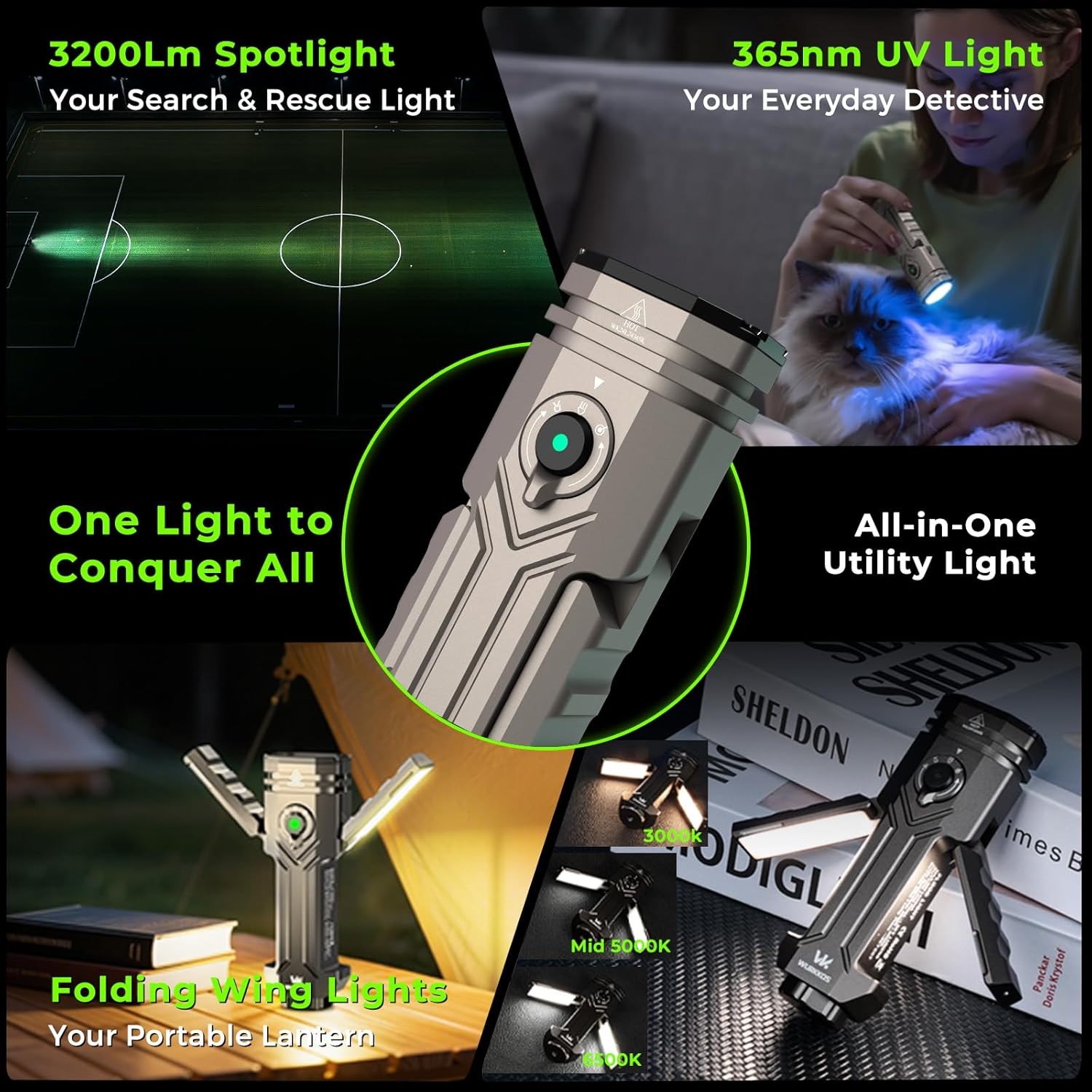 Thumbnail 3 de Wurkkos HD02 torcia ricaricabile 4-in-1 con 3200 lumen, UV 365 nm e pannello laterale pieghevole