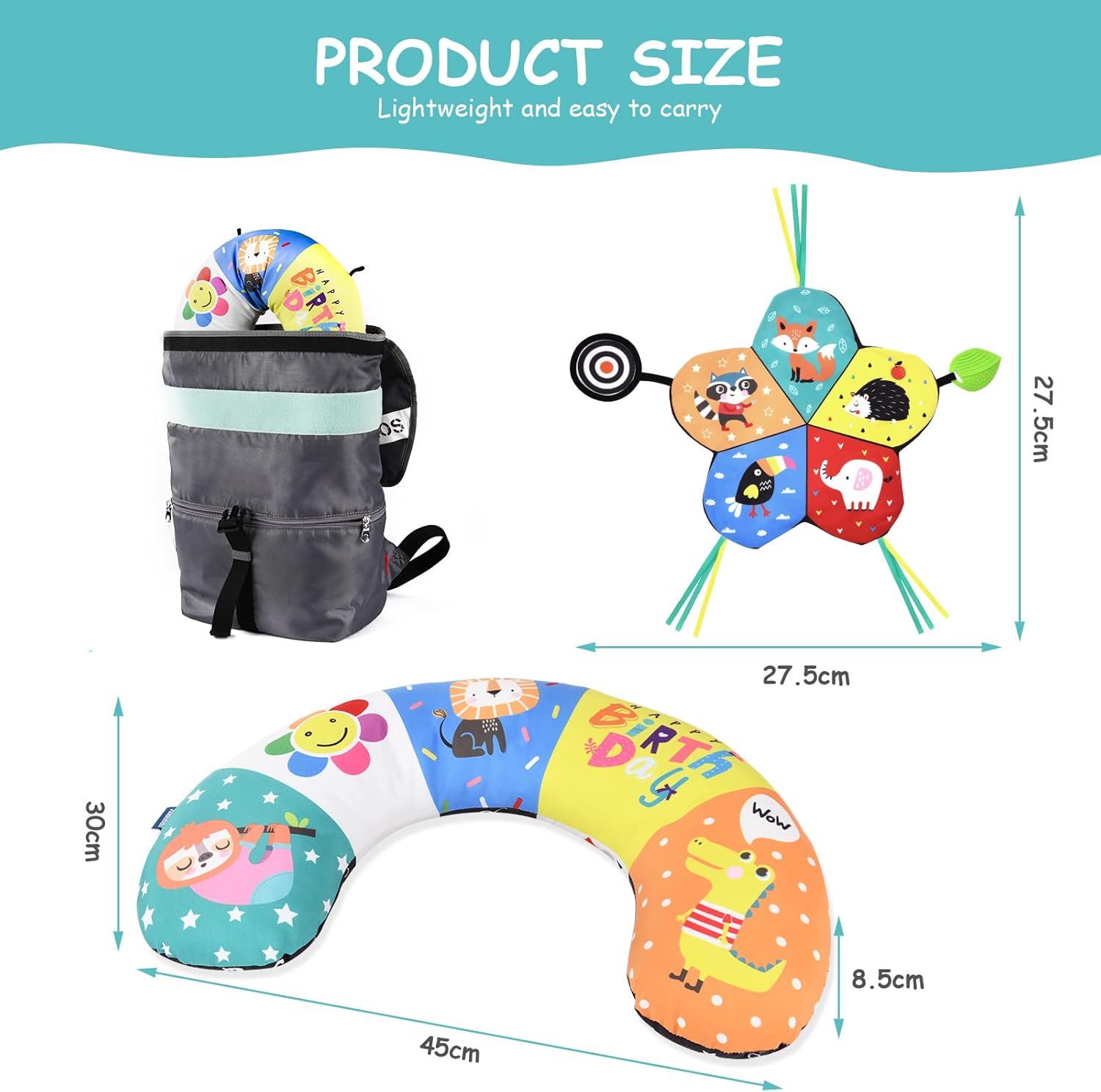 Detalle de Aolso 3 in 1 Tummy Time Pillow: cuscino per allattamento con giocattoli, massaggiagengive e specchio per neonati