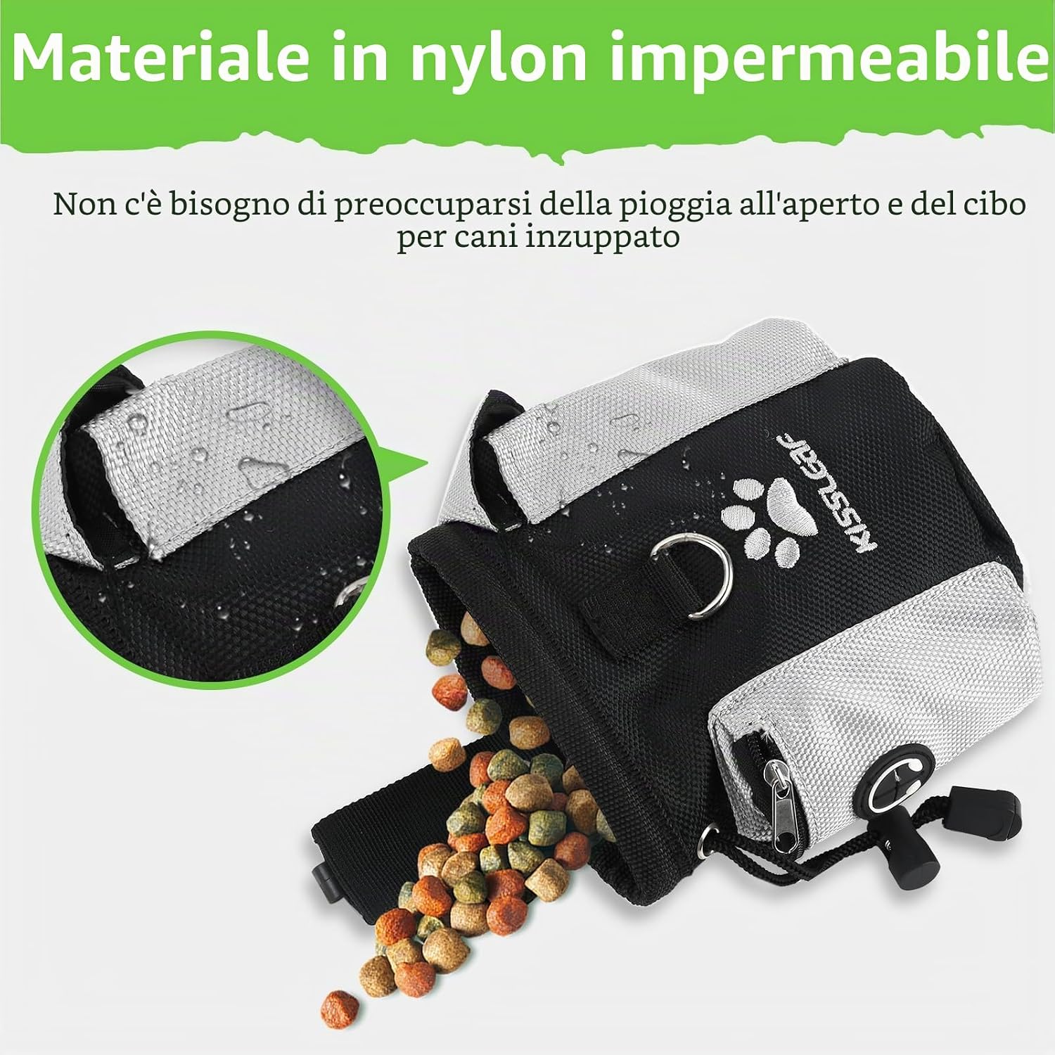 Detalle de Kissleaf Porta Premietti per Cani Multifunzionale: Borsa Portasnack con Doppia Tasca e Dispenser
