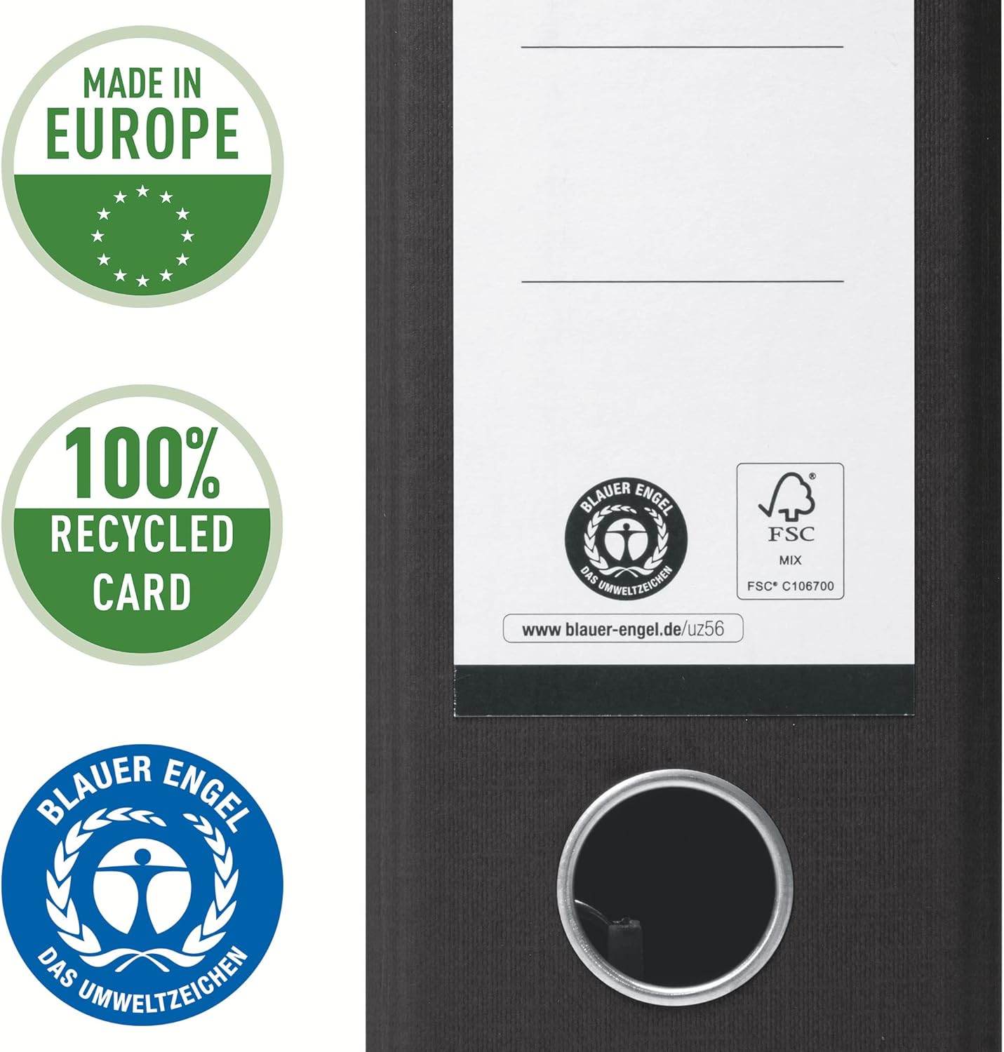 Detalle de VON Leitz A4 Ordner 2-Ring, 80 mm Rücken, 10er Pack – 100% Recyclingpapier, Blaues Angel & FSC, Schwarz (10530095)