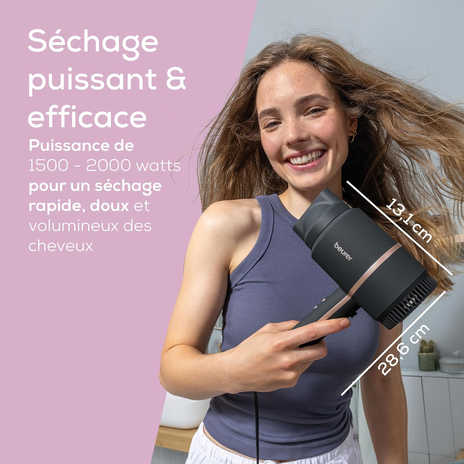 Detalle 2 de Beurer HC 35 sèche-cheveux compact ionique 1600–2000 W noir/rose, embout concentrateur inclus