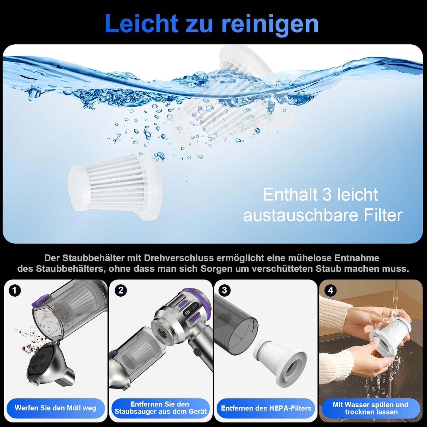 Detalle de Handstaubsauger 26.000 Pa (4-in-1) mit Akku, 3 Modi und Digitalanzeige – violett