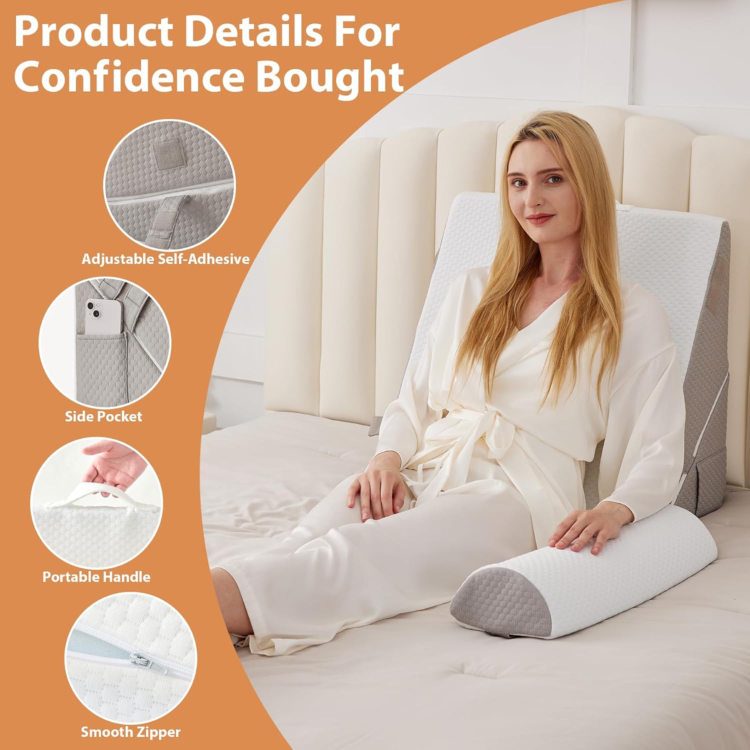 Detalle de BIEEZZK Wedge Pillow Set for After Surgery — Adjustable Memory Foam Bed Wedge for Neck, Back, and Acid Reflux