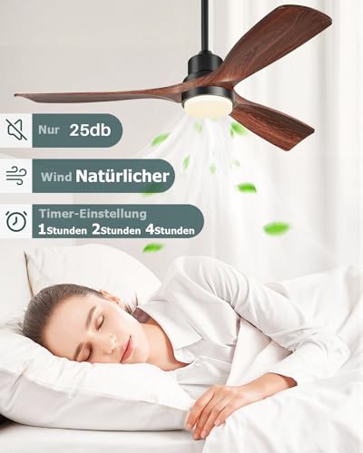 Detalle 2 de Forrovenco 132 cm Ventilateur Plafond Bois avec Lumière et Télécommande – 3 Pales Noyer
