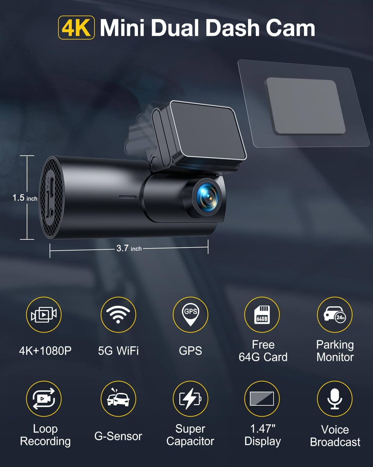 Detalle 2 de GKU D600Pro Dash Cam 4K con Wi‑Fi 5GHz