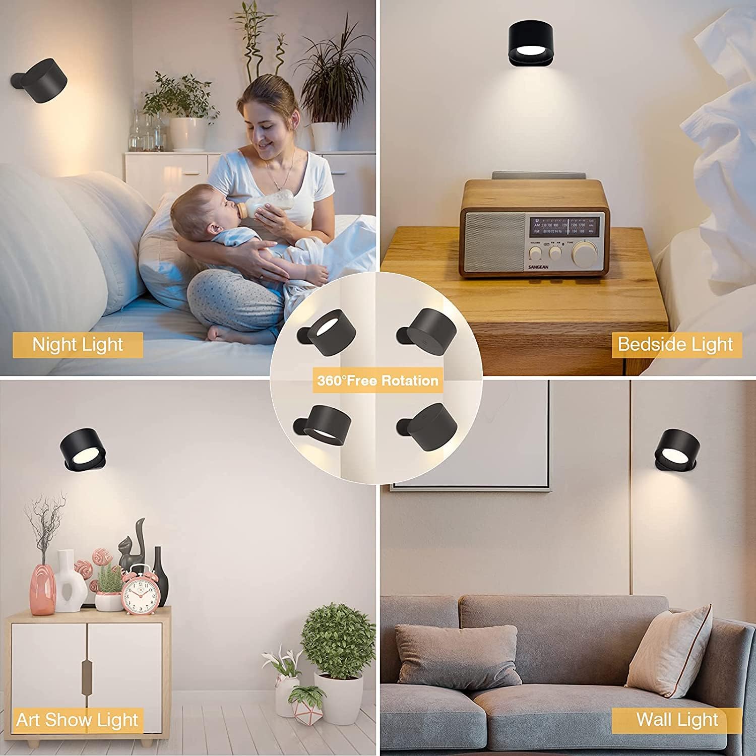 Detalle de Feallive Wall Light LED Wall Lamp with Rechargeable Battery, Dimmable Touch Control, 360° Rotatable, Black