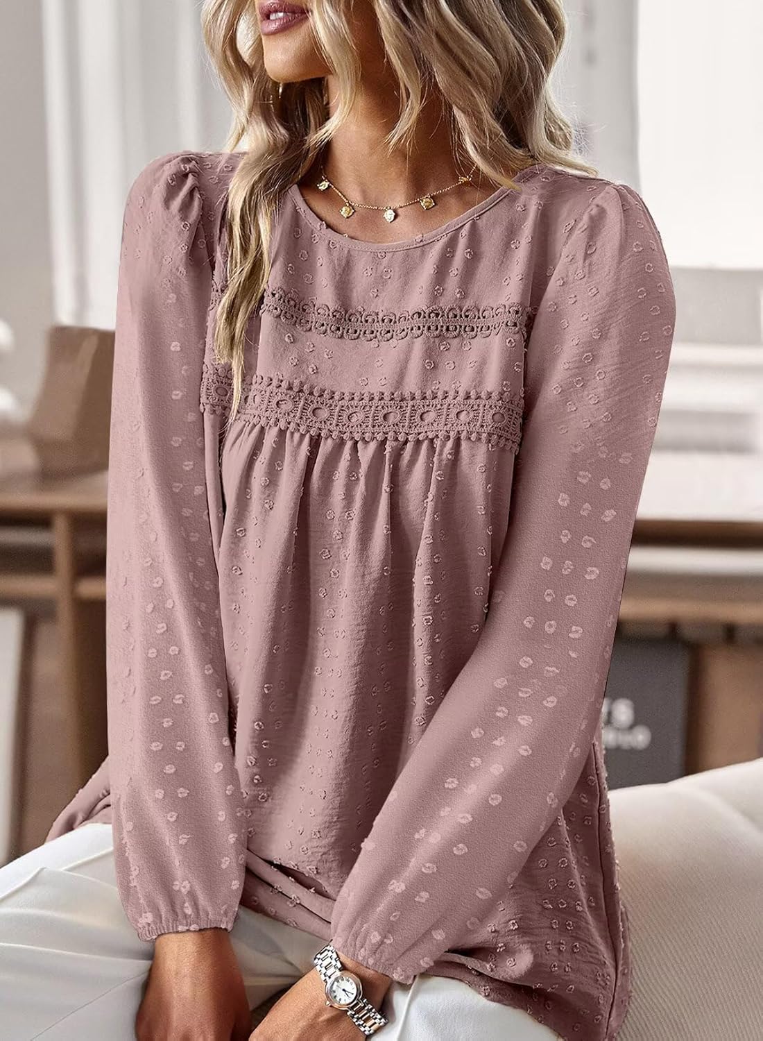 Thumbnail 1 de Falechay Boho long sleeve crewneck crochet lace top for women
