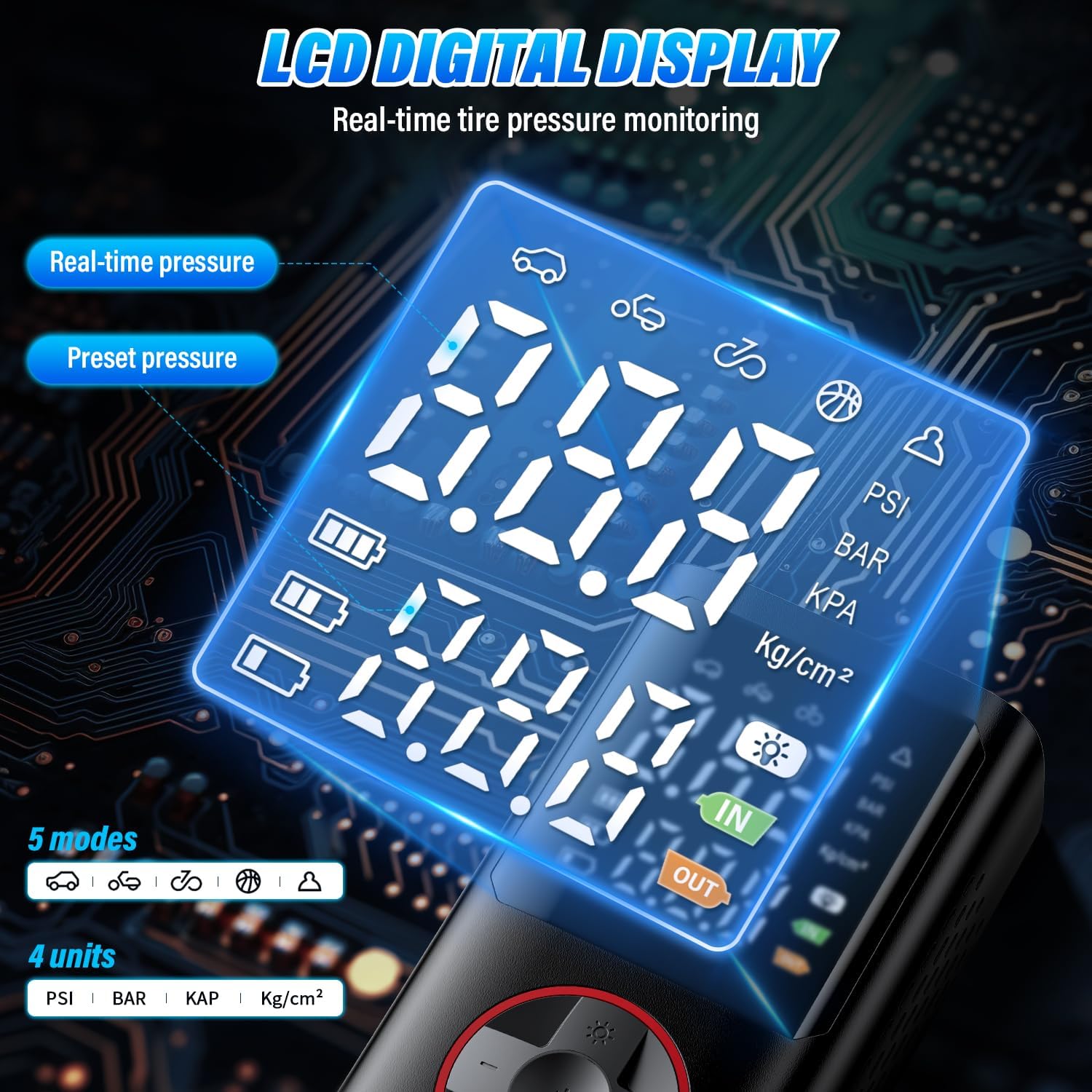 Detalle de Onherm Compressore Aria Portatile: Pompa per Auto, Moto e Bicicletta con 5 Modalità e LED