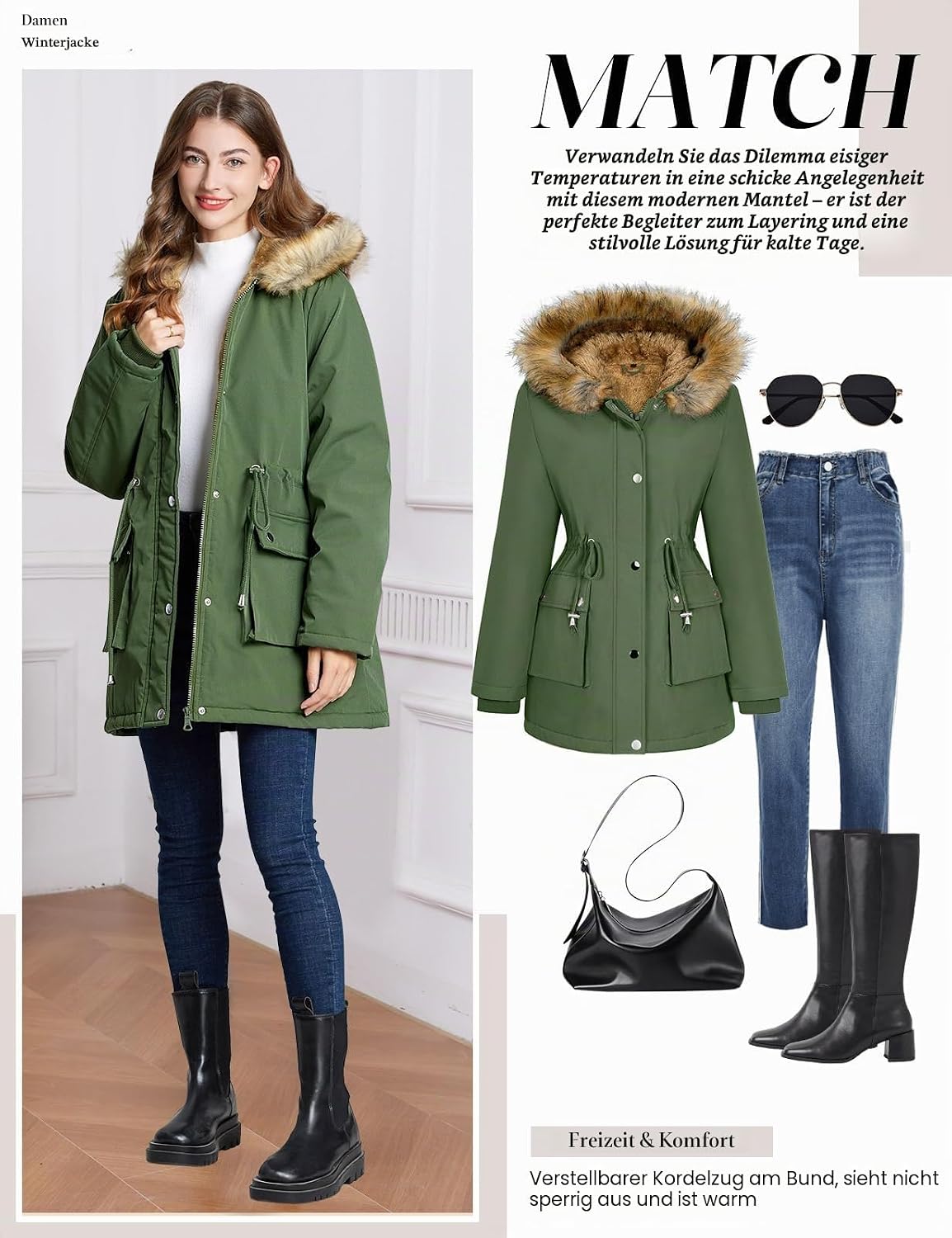 Thumbnail 4 de Xnova Damen Wintermantel Parka Fleece Gefüttert – mittellang, winddicht, wasserabweisend mit Kapuze