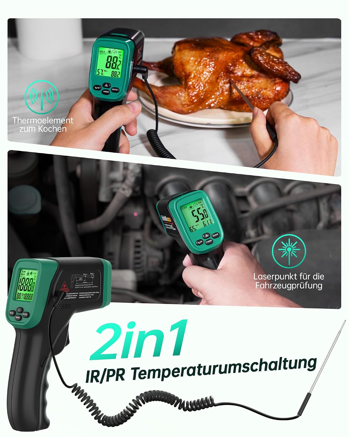 Detalle de ERICKHILL Infrarot- und Fleischsonde Thermometer: Laserthermometer & Kerntemperaturmessung von -50 bis 800 °C