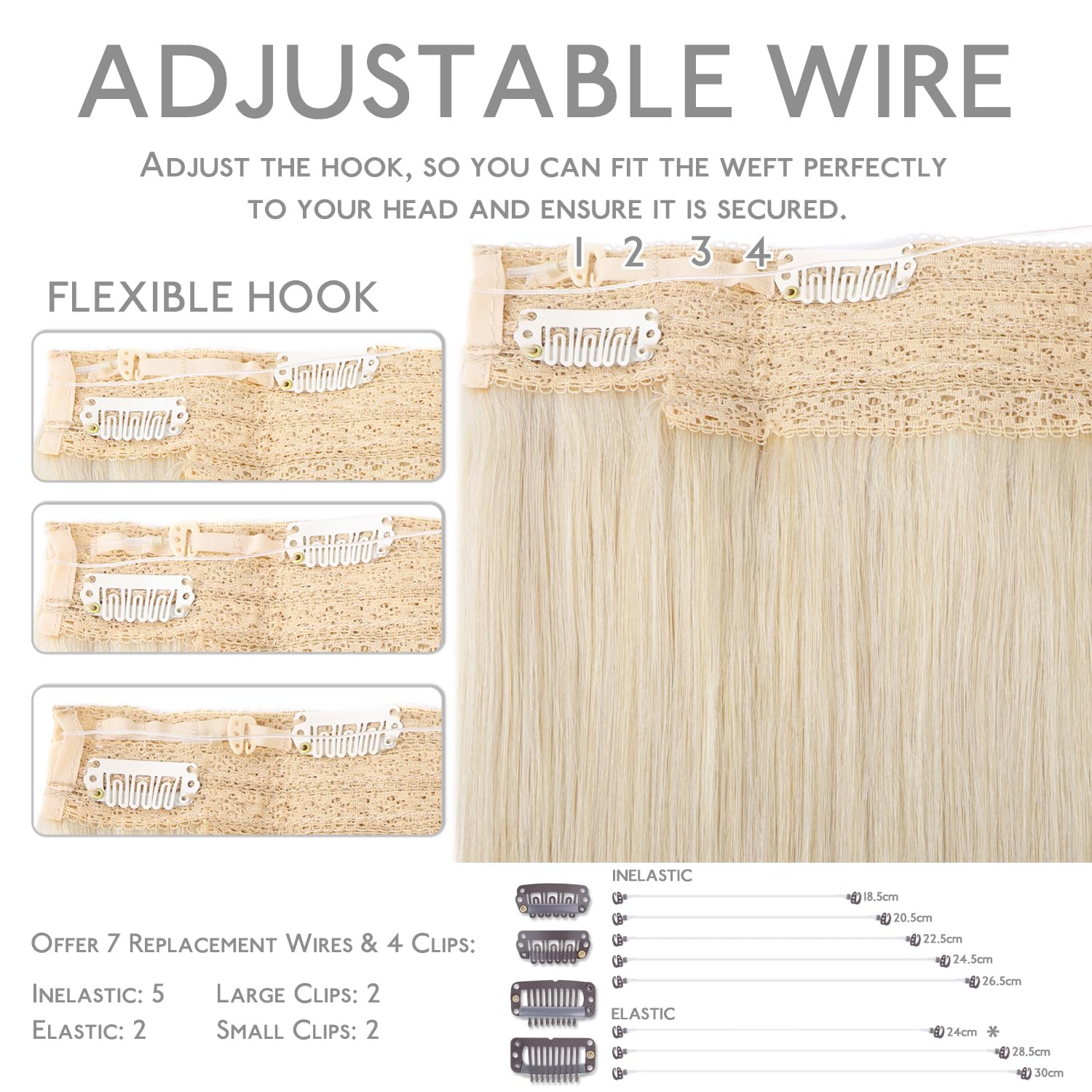 Thumbnail 2 de WENNALIFE Wire Hair Extensions Real Human Hair, 18 inch, Platinum Blonde Remy with Invisible Wire