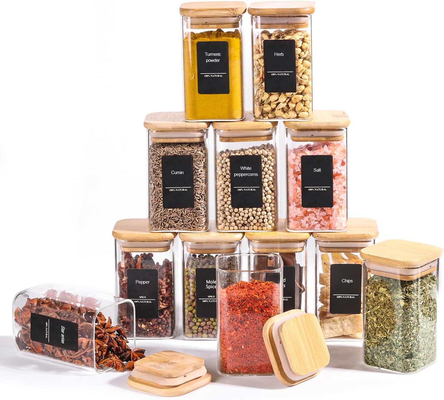 Detalle de ComSaf 240 ml Square Glass Spice Jars, 12 Pack with Bamboo Lids