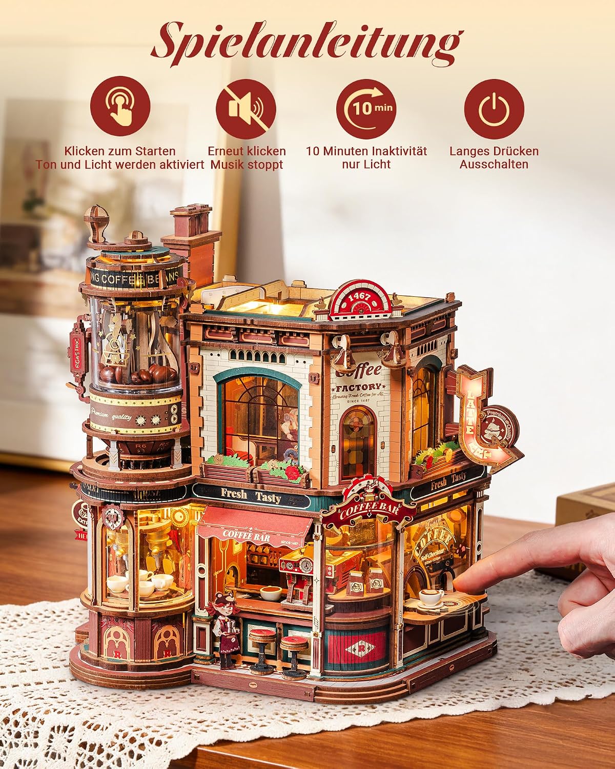 Detalle 2 de ROKR Dream Coffee Factory EAB02 – DIY Miniatur-Puppenhaus mit Spieluhr, LED-Beleuchtung und Jazzmusik