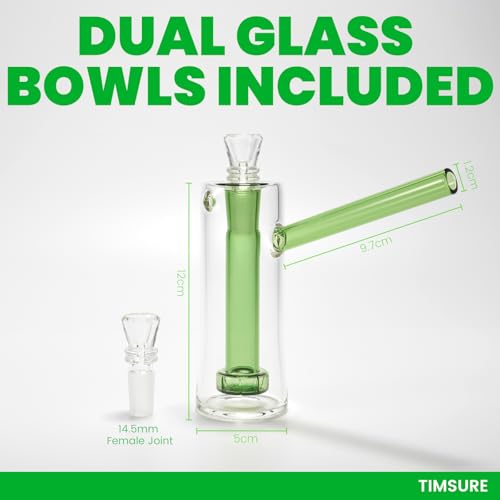 Thumbnail 3 de TIMSURE Glass Bong 13.5 cm – Dual-Tone Borosilicate with Two 14.5 mm Bowls, Green Stem and Clear Chamber