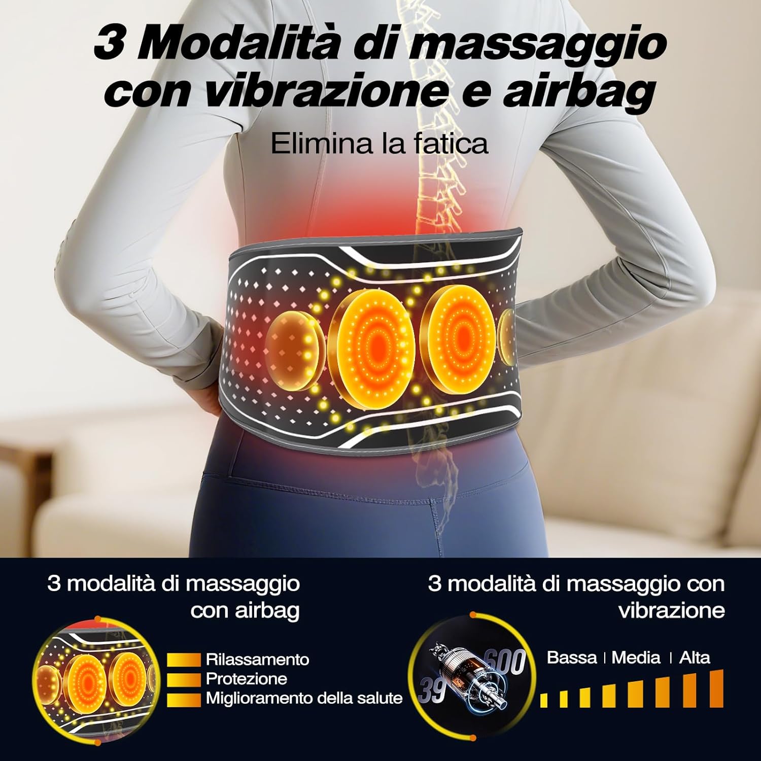 Detalle de Cintura Massaggiante Lombare Senza Fili con Calore – Massaggio 3 in 1, 4 livelli di temperatura e batteria 4000mAh